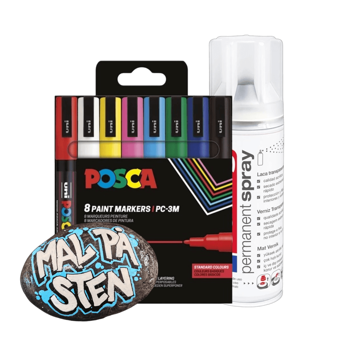 Mal på Sten sæt -  8 stk Posca 1,5mm (PC-3M) + 1 lak