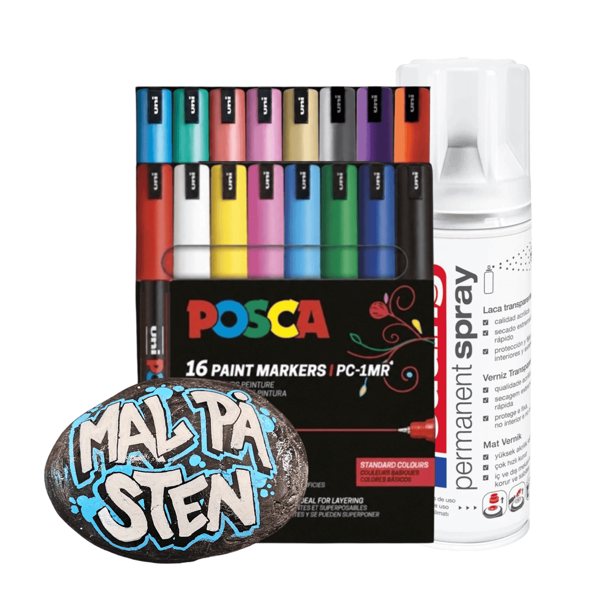 Mal på Sten sæt - 16 stk Posca 0,7mm (PC-1MR) + 1 lak