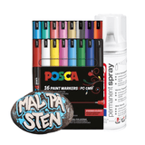 Mal på Sten sæt - 16 stk Posca 0,7mm (PC-1MR) + 1 lak